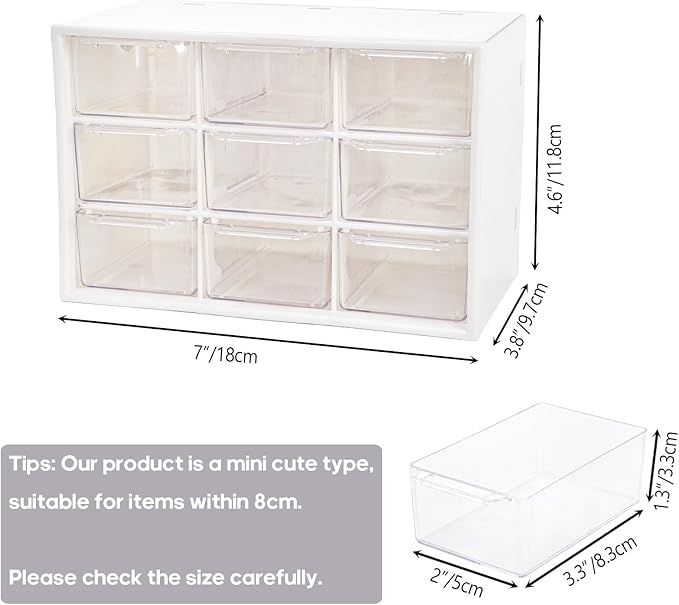 Hacaroa 6 Pack Mini Drawer Organizer with 9 Drawers, Plastic Desktop Craft Storage Case Box for Art Supply, Office Supplies, Cosmetics, Jewelry, Dorm Room, Off White