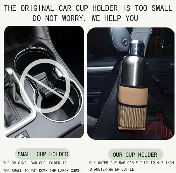 2 in 1 Large Cup Holder, 80 oz Auto Water Bottle Holder Bag, Bottles & Big Drinks. Hanging Multi-Function Mini Car Seat Side Organizer, Phones, Stuff Holder with Mesh Pocket for Cars, SUV & Truck