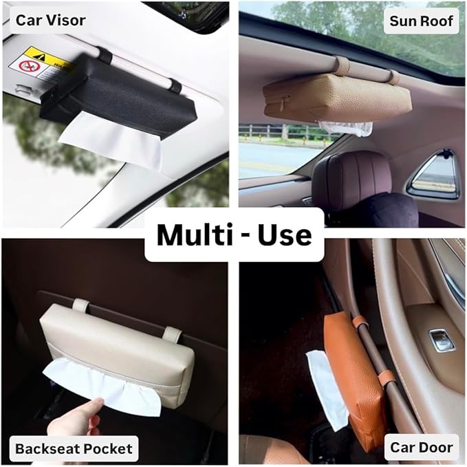 Premium PU Leather Car Tissue Holder, Included Tissues, Multi-Use Clip On Visor & Backseat Tissue Case, Vehicle Accessory, Best Gift for Holiday, Christmas