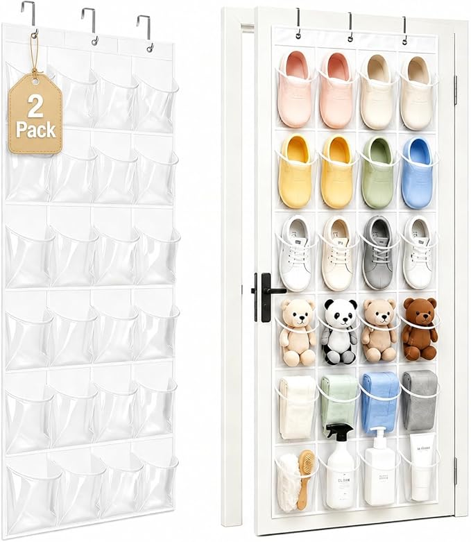 Over the Door Shoe Organizer - 2 Pack Shoe Rack for Door with 24 Pockets and Hooks, Shoe Holder Back of Door Organizers for Shoes, Hanging Shoe Organizer for Space Saving, White