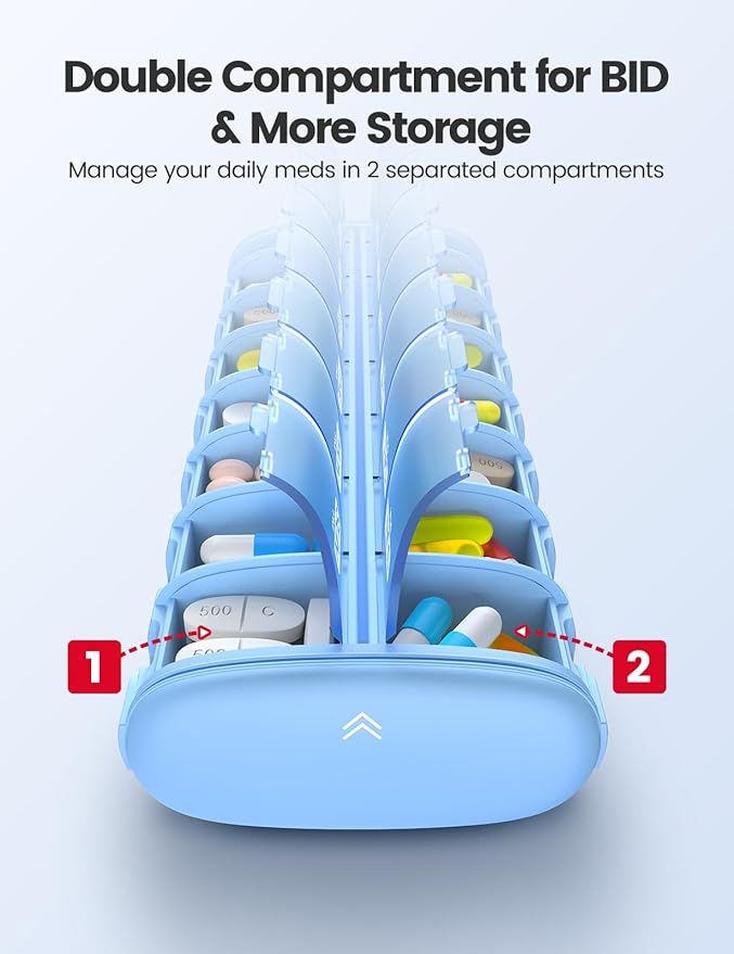 Vaydeer Metal 7 Day Pill Organizer 2 Times a Day – AM PM Weekly Travel Pill Case with Moisture-Proof Desiccant, Airtight Large Capacity Pill Box for Vitamins, Medications & Supplements (Black)