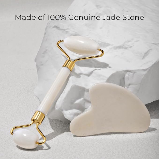 Gua Sha Facial Tools & Jade Roller for Face, Eye & Neck Skin Care, 100% Natural Jade Stone Face Roller Gua Sha Massage Tool, Eye Roller for Puffy Eyes, Facial Self Care Kit for Women (White)