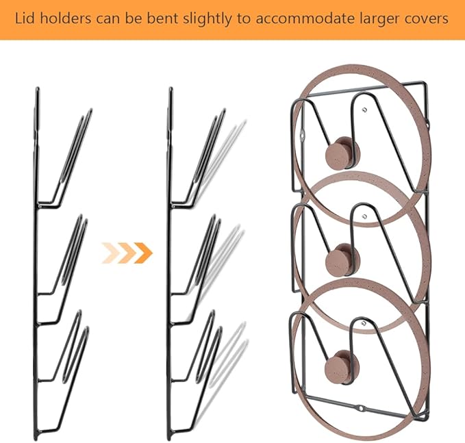 2-Pack Pot Lid Organizer 3-Tier Iron Rack | Cabinet & Wall Space-Saving - Easy No-Drill Adhesive Mount – Damage-Free Storage for Home Cooks’ Kitchen