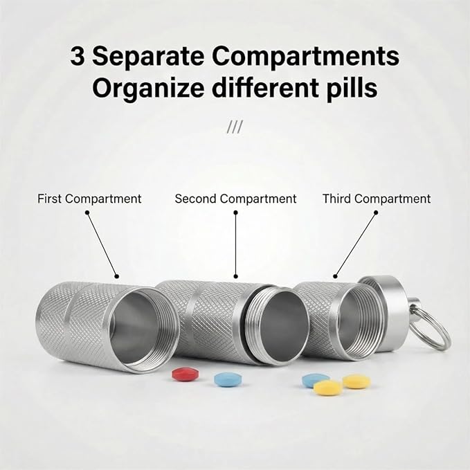 Waterproof Keychain Pill Holder - Compact, Portable, and Secure Pill Box with 3 Compartments - Pocket-Sized Pill Case and Container for Daily Medication on The Go, Sliver
