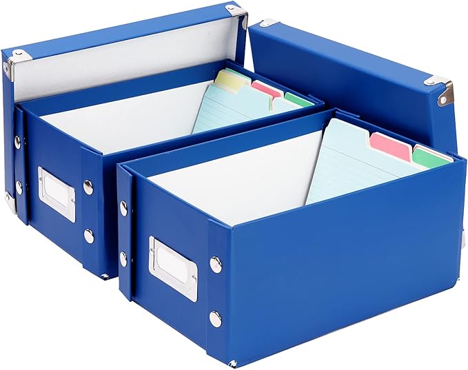 Snap-N-Store Index Card Holder Storage Box - Collapsible Organizer Box fits 1100 Flash Cards - Business, Recipe, or Note Card - 4 x 6, 2 Pack, Classic Blue