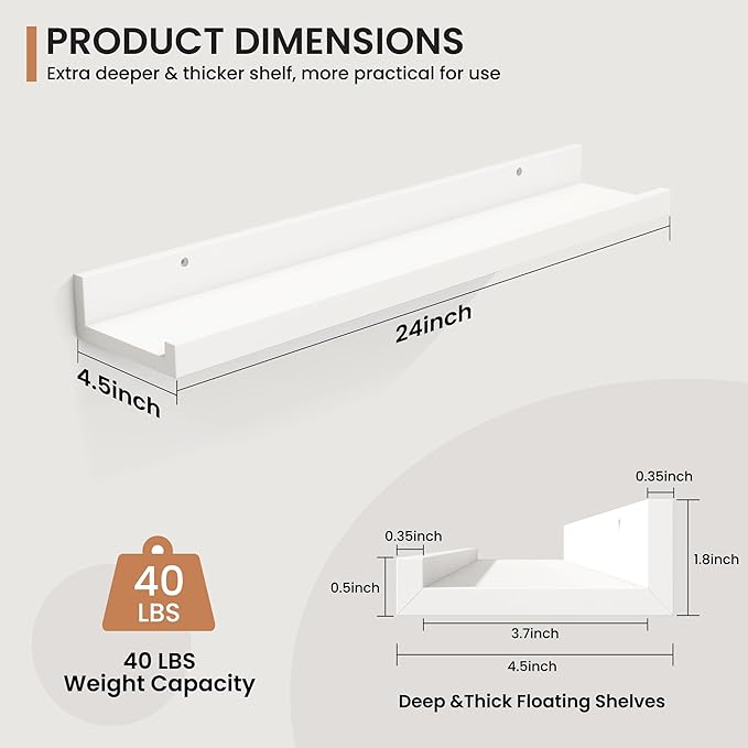 Fun Memories Picture Ledge Shelves Set of 2, 24 Inch Rustic Wall Mounted Floating Shelves with Lip for Home Storage and Décor in Bathroom, Kitchen, Nursery, Bedroom, Living Room, White