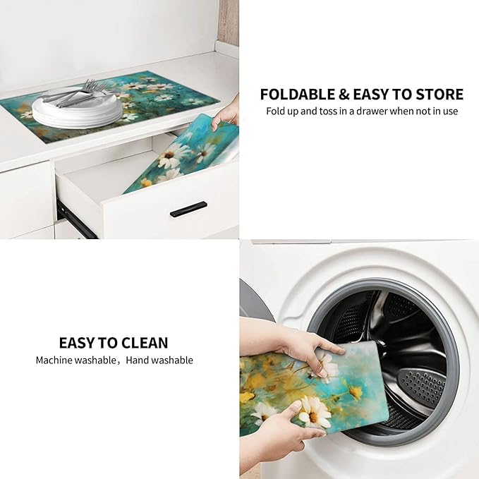 Watercolor Flowers Daisy Absorbent Dishes Drainer/Rack Mat for Countertop Large Size 18 x 24, Microfiber Dish Drying Pads Kitchen Counter Draining Pad, Teal