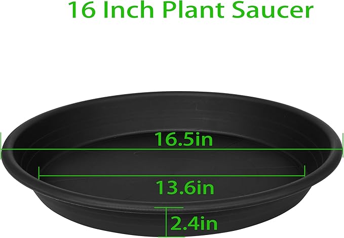 Grjoprt 2 Pack of 16 17 inch Plant Saucer, 2.4" Depth Large Plant Tray, Heavy Duty Plant Trays for Indoors no Holes, Bird Bath Bowls, Plastic Pot Tray for Planter 14"/15"/16" (16", Black)