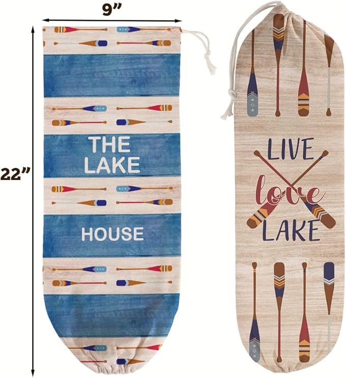 2Pcs Lake House Plastic Bag Holder for Kitchen Essentials, Reusable Hanging Grocery Bag Organizer, Washable Large Grocery Trash Bags Storage Dispenser Lake House Decor for the Home