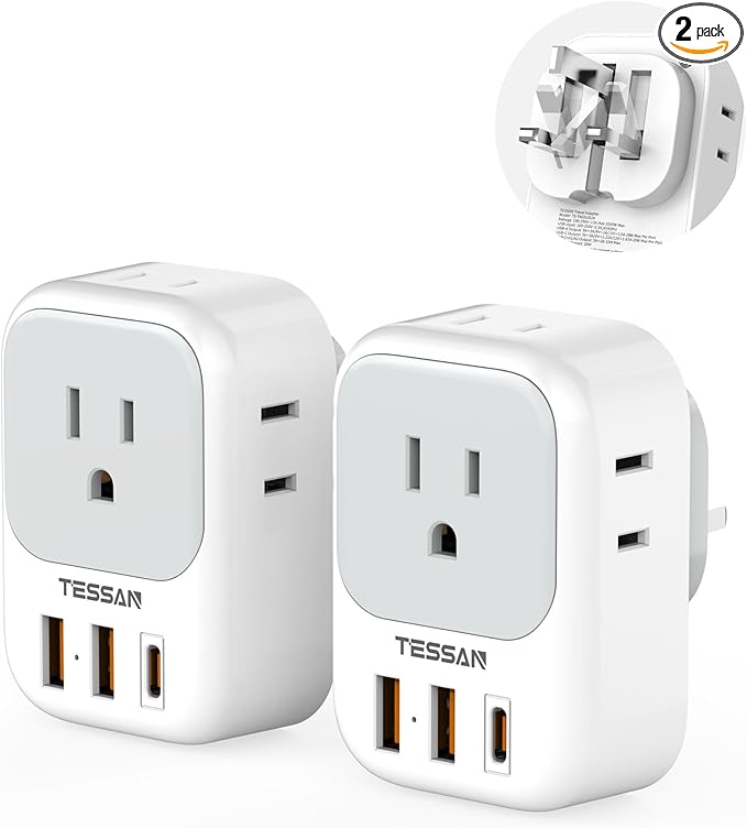 UK Adapters for Travel, TESSAN US to UK Ireland Plug Adapter 20W, Foldable Power Adapter with 4 Outlets 3 USB (PD 20W 1 USB C) Charger, Type G for USA to Scotland London England Hong Kong Dubai Ireland