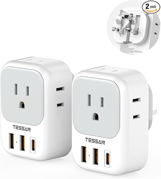 UK Adapters for Travel, TESSAN US to UK Ireland Plug Adapter 20W, Foldable Power Adapter with 4 Outlets 3 USB (PD 20W 1 USB C) Charger, Type G for USA to Scotland London England Hong Kong Dubai Ireland