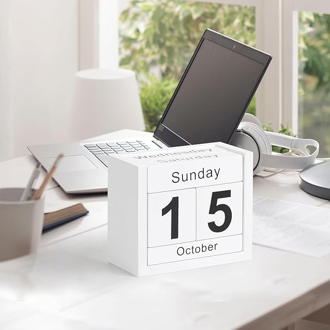 Wooden Block Calendar for Desk, Daily Desktop Perpetual Desk Calendar, Cute Date Display Blocks Desk Accessory for Home Office Decor, Teacher, Classroom, Reusable Yearly, White