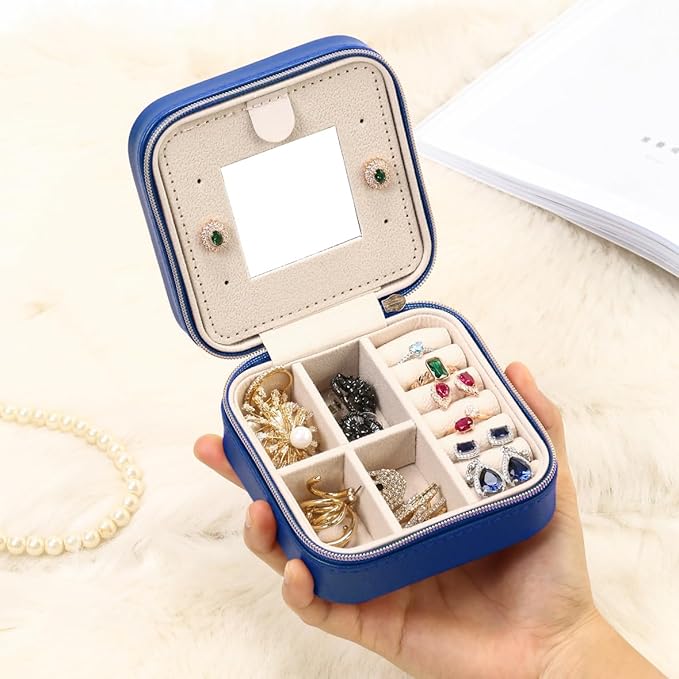 Jewelry Travel Case with Mirror,Small Travel Jewelry Organizer, Portable Jewelry Box Travel Mini Organizer Portable Display Storage Box For Rings Earrings Necklaces (NavyBlue)