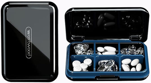 DUBSTAR Travel Pill Organizer Moisture Waterproof Small Pill Box for Pocket Purse 6 Compartments Portable Pill Case Medicine Vitamin Holder Container,Black