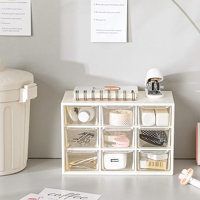 Hacaroa 6 Pack Mini Drawer Organizer with 9 Drawers, Plastic Desktop Craft Storage Case Box for Art Supply, Office Supplies, Cosmetics, Jewelry, Dorm Room, Off White