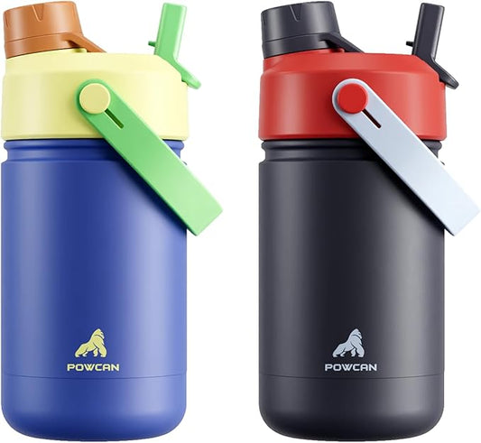 POWCAN 2 Pack 12 oz Kids Insulated Water Bottle for School: Leakproof, 2-in-1 Straw Spout Lid, BPA-Free, Keep Cold 24 Hrs, Stainless Steel Cup for Sports, Travel, Gift for Girls Boys Daughters Sons