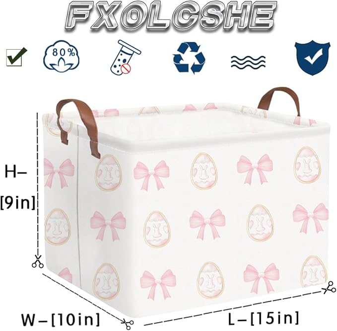 FXOLCSHE Rectangular Easter basket,Nursery Hamper,Collapsible waterproof baby toy storage box for Kids,Toy Organizer,Home Decor,Easter gift basket(Pink bow egg)