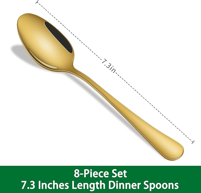 Gold Soup Spoons,8 PCs 7.3 Inch Dinner Spoons,Durable Mirror Polishing Stainless Steel Silveware Main Spoon,Dishwasher Safe Gold Table Spoon For Home Restaurant Hotel
