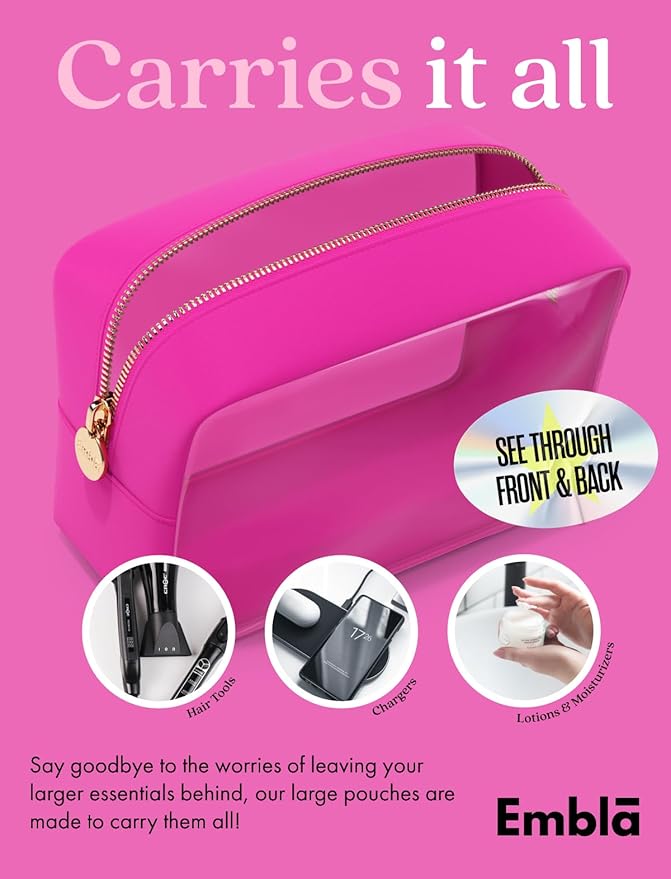 Clear Makeup Bag Zipper Pouch, Transparent Cosmetic Case Organizer, TSA Approved Travel Toiletry Case, Travel Accessories Essentials Makeup Tote for Women, Large Cute Make up Bag for Purse - Fuchsia