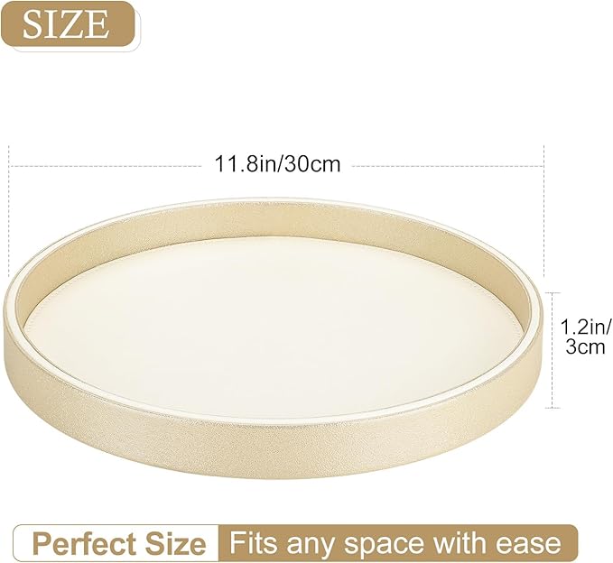 GORESE Gold Decorative Coffee Table Tray, 12" PU Leather Round Trays for Home Decor, Table Centerpiece for Living Room, Vanity, Dresser Decor, Valet Tray for Perfume Jewelry Organize - Gold & Cream