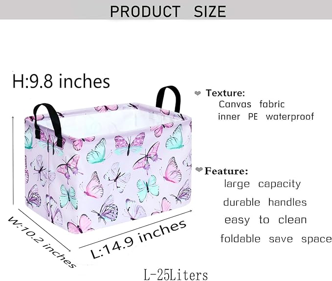 KUNRO Rectang Butterfly Storage Basket Gift Shelf Basket Storage Bin, Nursery Basket Organizer Box for With Handles for Room Deco