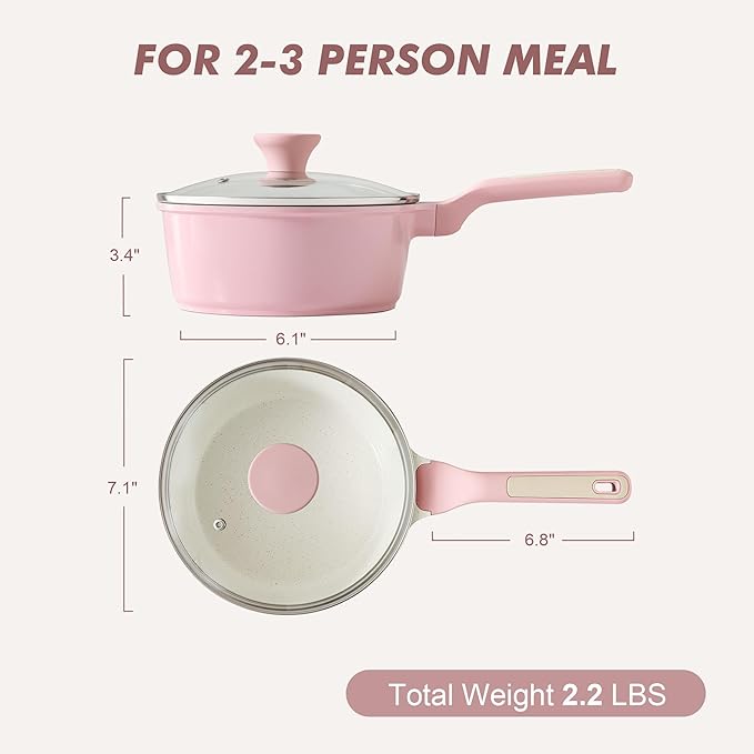 SENSARTE Ceramic Nonstick Saucepan with Lid 2.0 Quarts, Small Kitchen Cooking Pot with Stay Cool Handle, Induction Compatible, Ceramic Coating, Free of Intentionally Added PTFE/PFOA/PFAS, Sakura Pink