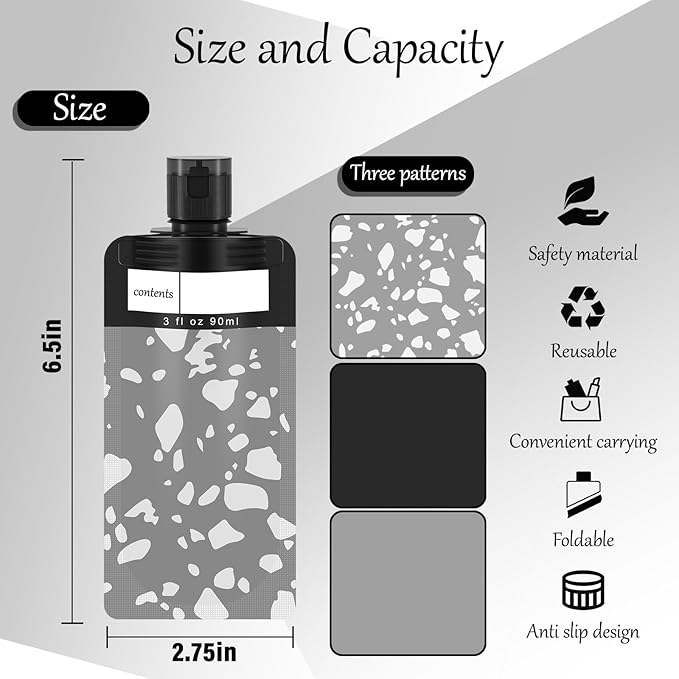 6 Pack Travel pouches for toiletries liquid,TSA Approved Travel Squeeze Pouches,liquid pouches for travel, squeeze pouches refillable,Leakproof Travel Containers for Toiletries (Black)