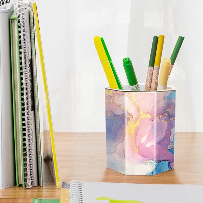 WAVEYU Pen Holder for Desk, Cute Ceramic Pencil Holder, Pen Cup Marker Holder Makeup Brush Holders, Desk Accessories & Workspace Organizers for Office, Home, Gold