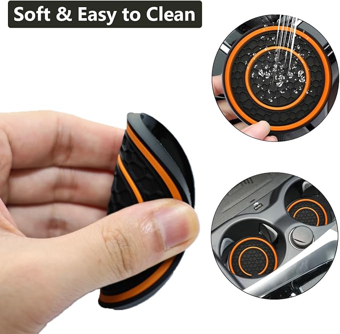 Car Cup Coaster Universal Automotive Waterproof Non-Slip Cup Holders Sift-Proof Spill Holder Car Interior Accessories 2 Pack Black & Orange