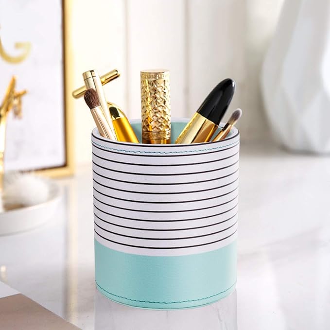 WAVEYU Pen Holder, Pencil Cup Pot Desk Organizer Multi Purpose Use Cute for Adults Kids Luxury Leather Makeup Brush Holder for Home, Office, Classroom, Stripes Mint Green