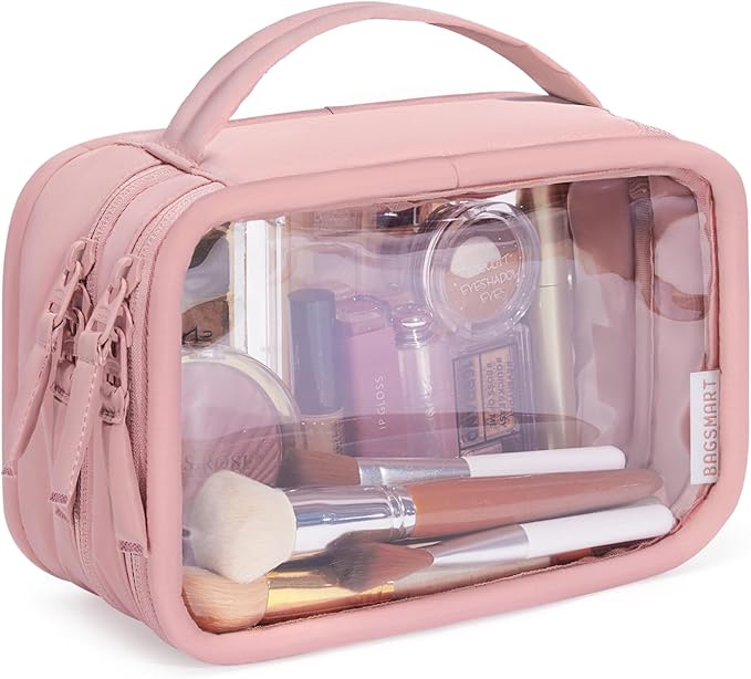 BAGSMART Double Layer Clear Makeup Bag, TSA-Approved Toiletry Bag, Large Opening with Handle, Cute Water-Resistant Travel Cosmetic Bag with Double Zipper for Car Essentials (Pink)