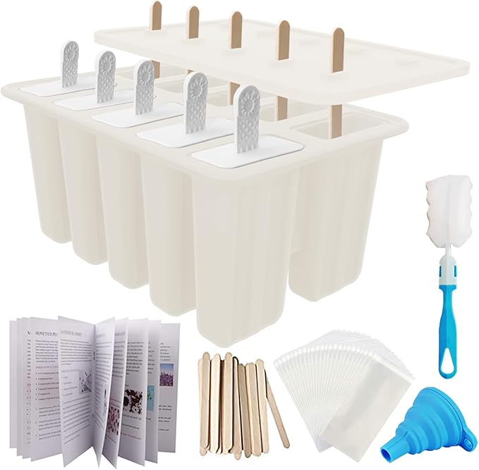 Miaowoof Homemade Popsicle Molds, 10-Cavity Non-BPA Silicone Ice Pop Maker, with 50 Sticks, 50 Bags, 10 Reusable Sticks, Funnel, Brush and Ice Pop Recipe (White)