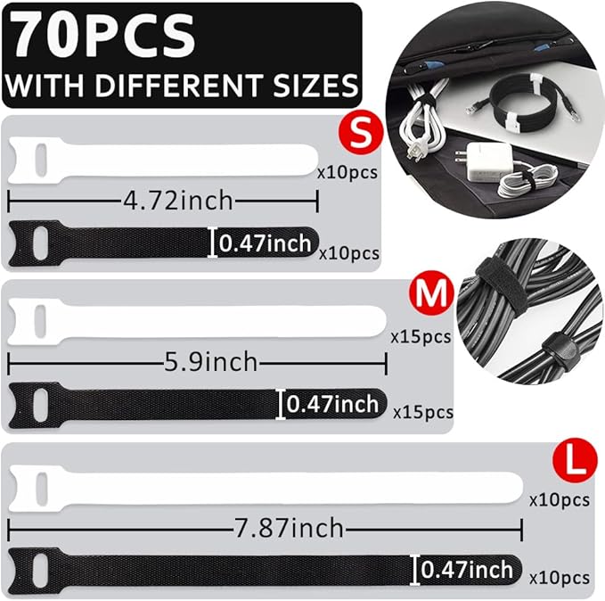70pcs Cable Ties Reusable Black and White Wire Ties Cable Management Cord Ties Reusable for Electronics Hook and Loop Cable Ties for Computer 4 6 8 Inch