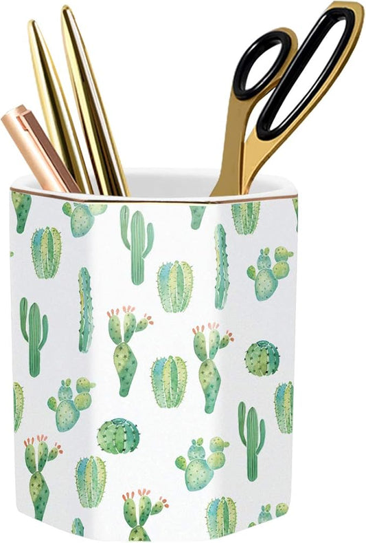WAVEYU Cactus Pen Holder, Stand for Desk Pencil Cup for Girls Kids Durable Ceramic Desk Organizer Makeup Brush Holder for Office, Classroom, Home