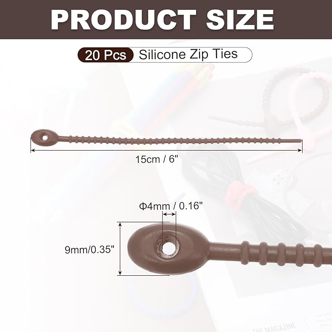 PATIKIL 6 Inch Silicone Cable Ties, 20pcs Rubber Reusable Twist Zip Ties Organizer for Home Office Kitchen Food bags Wires Adjustable Bag Clip, Brown
