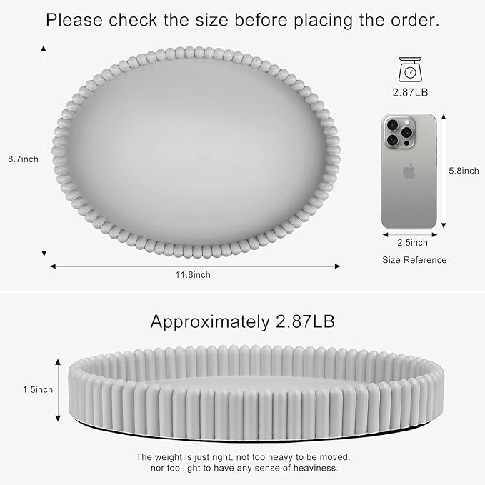 11.8in Decorative Tray for Coffee Table Decor- Gray Oval Concrete Tray for Home Decor- Scalloped Flat Modern Centerpieces Tray Decor for Living Room, Kitchen Dining Table, Entryway (Gray)