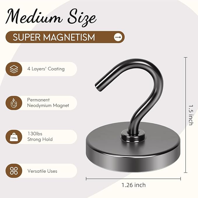 Neosmuk Magnetic Hooks for Cruise Cabins, Heavy Duty 130lb Strong Magnet Hook, Cruise Ship Essentials for Hanging, Metal Wall Refrigerator Hangers (Gunmetal, 10 Pack)