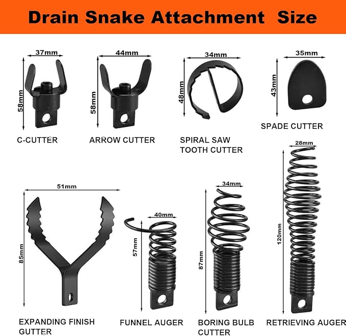 8-Piece Drain Snake Kit for 5/16" to 3/4" Cables – Heavy-Duty Manganese Steel Cutters for Roots, Grease & Stubborn Clogs – Includes Storage Case & Metal Ring