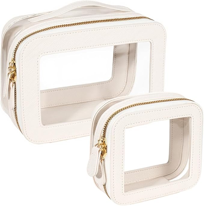 Clear Makeup Bag Set, Small Portable Clear Makeup Bag Cute Waterproof Travel Cosmetic Bag Makeup Pouch TSA Approved Toiletry Bag Women Traveling Car Organizer Car Essentials (White, Standard + Mini)
