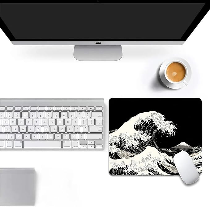 Square Mouse Pad Black Japanese Wave, Personalized Premium-Textured Custom Mouse Mat Design, Washable Mousepad Cloth, Non-Slip Rubber Base Computer Mouse Pads for Wireless Mouse