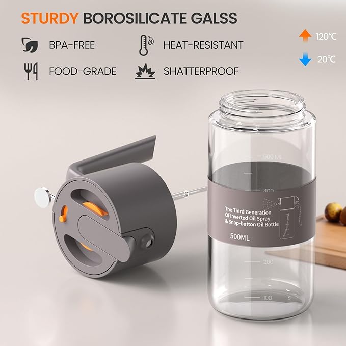 2 in 1 500ml/17oz Oil Sprayer for Cooking, 2026 Large Advanced Glass Olive Oil Dispenser Bottle w/stickers, Even Spray with Portion Control for Kitchen, Air Fryer, Salad, BBQ - Grey