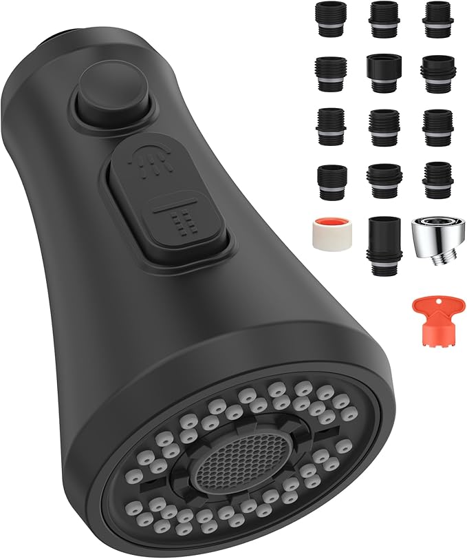 Mbillion Universal Matte Black Kitchen Faucet Spray Head Replacement, 3 Function ABS Sink Faucet Head, Pull-Down Nozzle with 14 Adapters, Compatible with Moen, Delta, Kohler, WEWE American Standard