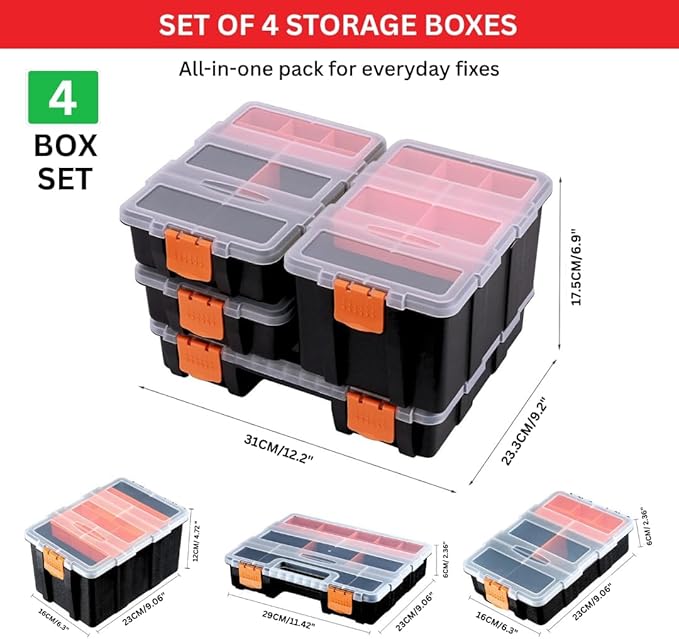 Andalus Tools Organizer Box, Small Parts Storage Multi-Compartment Portable Hardware Organizer Removable Plastic Dividers for Screws, Nuts, Bolts, Nails – Orange (4 Set, 12.2" x 9.1" x 7")