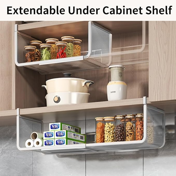 Janebert Expandable Under Shelf Basket Organizer, Under Shelf Storage, Hanging Baskets Under Cabinet for Pantry Kitchen Cupboard Desk Counter Bookshelf Space Saver Heavy Duty Slide-in (Black, 1 Pack)
