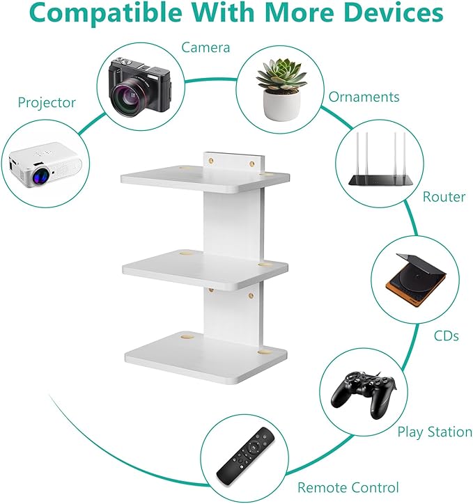 WALI Floating TV Shelf, 3 Tier Projector Shelf for DVD Players, Routers, Game Consoles, Cable Boxes, Living Room Decor Accessories, Wall Mount Shelves Holds Up to 22lbs (CS303NW), 3-Shelf, White