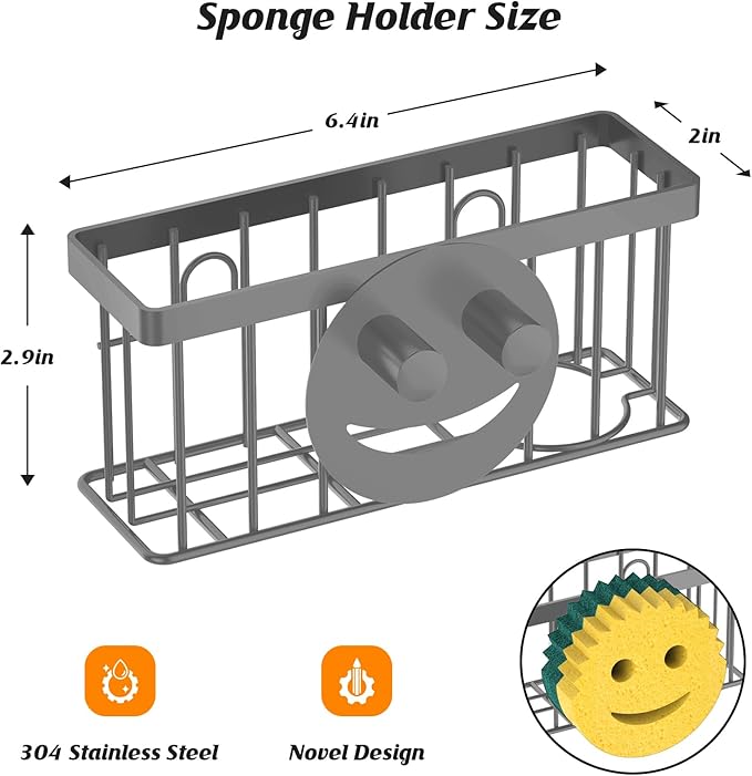 Sponge Holder Smiley Face, Sink Caddy for Kitchen Sink, Sponge Holder with 2 PCS Suction Cups/1 PCS Adhesive Strips, Designed for Sponge, Soap, Dish Brush, Scrubber - Charcoal Gray