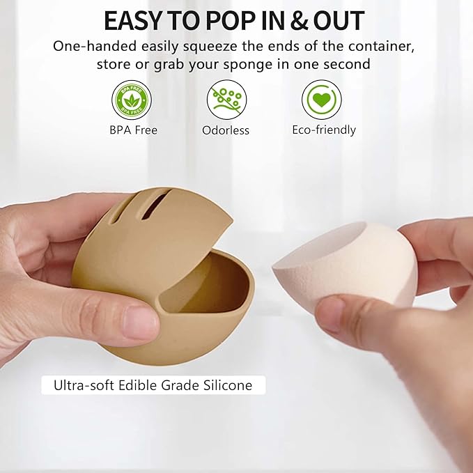 2 Pcs Makeup Sponge Holder,Double-sided Breathable Silicone Beauty Blender Holder for Travel,Shatterproof Make Up Case for All Sponges Sanitary Reuse Easy to Carry,Khaki+Pink