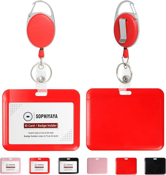 ID Badge Holder with Clip Badge Reels Ret retractable Heavy Duty Id Card with Carabiner Badge Reel with 24 inches Pull Cord for Office, School, Factory, Teacher (Red, Horizontal)