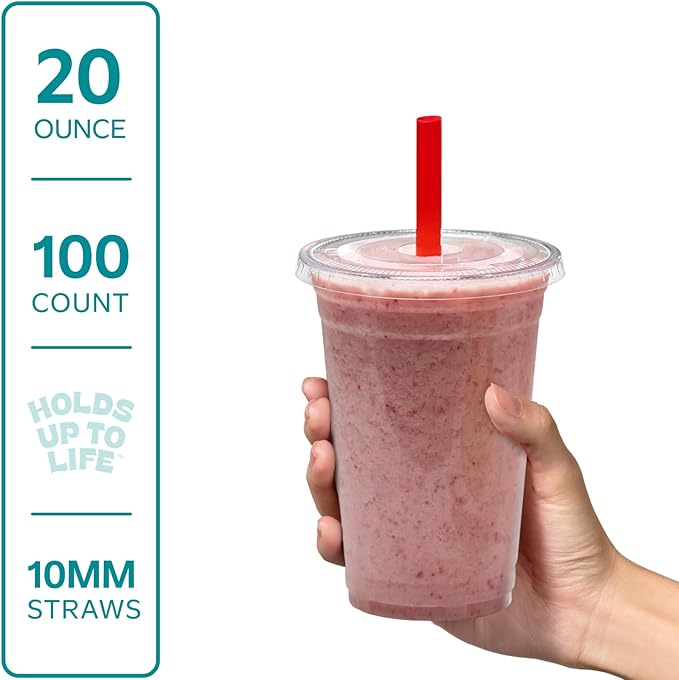 GUSTO [20 oz. - 100 Count Clear Cups with Flat Lids & Straws - Disposable Clear Drinking Cups for Iced Coffee, Cold Drinks, Milkshakes, and Smoothies - (Formerly Comfy Package)