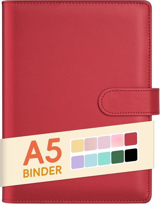 Sooez A5 Notebook Photocard Binder, 6 Ring Planner, Stylish Loose Leaf Personal Organizer Cover with Magnetic Buckle, PU Leather Binder Women with Soft Colors (Red)
